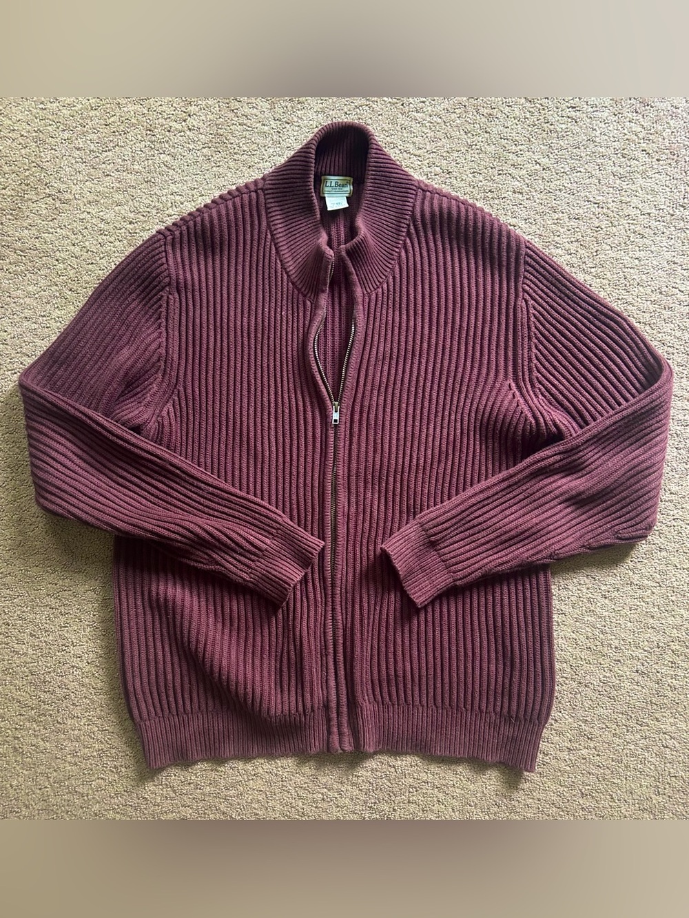 Vintage LL Bean Sweater Mens L Knit Heavyweight Full Zip Cardigan Burgandy